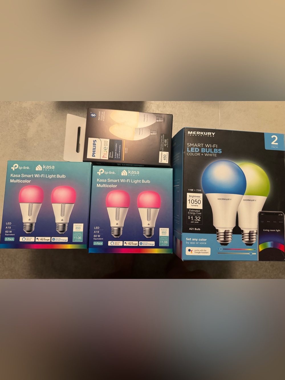 Assorted Smart Wi‑Fi Multicolor LED Bulbs - Kasa, Mercury, and Philips (75-60 W)